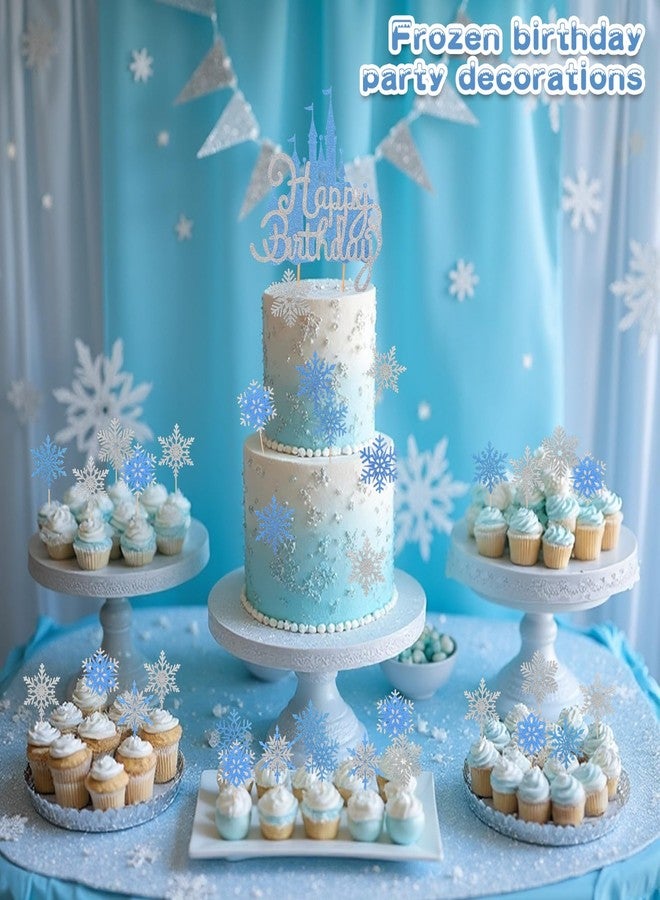 Wootkey 2Pcs Frozen Castle Cake Toppers Blue Princess Cake Decorations Frozen Theme Birthday Castle Party Picks for Winter Wonderland New Year Party Supplies - Image 5